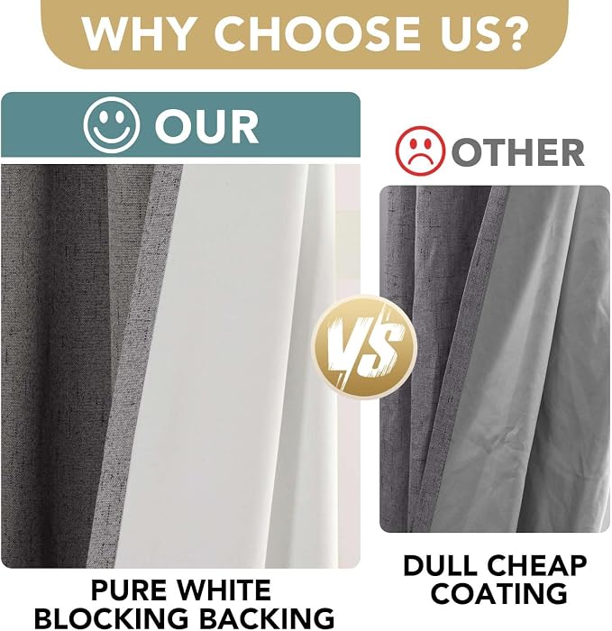 H.VERSAILTEX Linen Blackout Curtains 63 Inches Long 100% Absolutely Blackout Thermal Insulated Textured Linen Look Curtain Draperies Anti-Rust Grommet, Energy Saving with White Liner, 2 Panels, Grey
