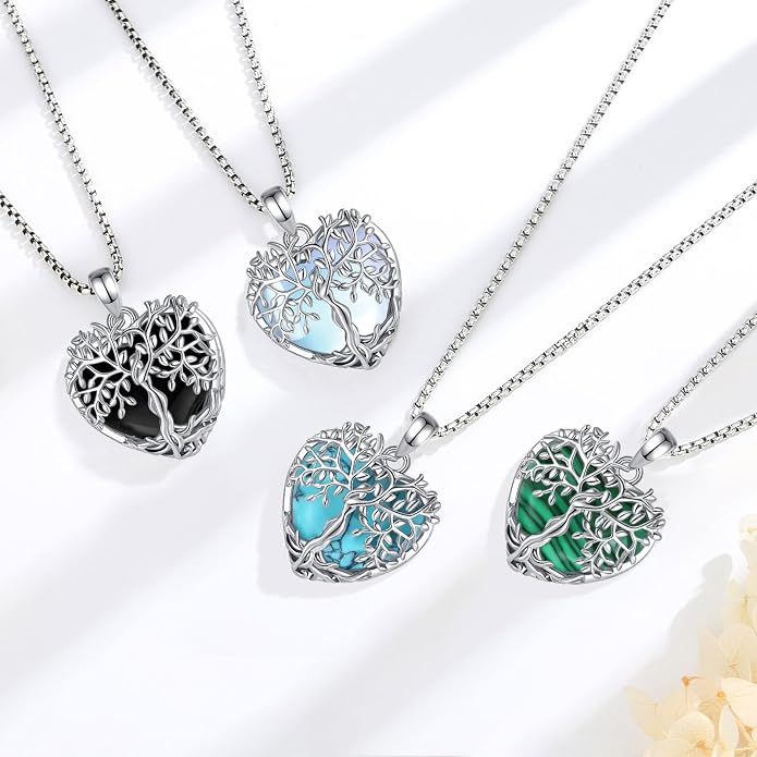 Vito Tree of Life Necklace for Women Men, Silver Plated Copper Teardrop Moonstone/Obsidian/Turquoise/Amethyst/Malachite Crystal Tree Necklace Protection Energy Amulet Jewelry Gift for Mom Wife, 20+2"