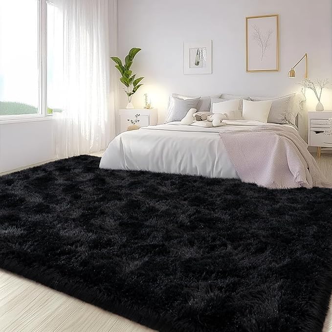 Large Area Rugs for Living Room Bedroom 10x14 Black Fluffy Shag Rugs | Ultra Soft Shaggy Plush Fuzzy Modern Indoor Throw Floor Carpet for Kids Girls Boys Dorm Nursery Home Decor Aesthetic