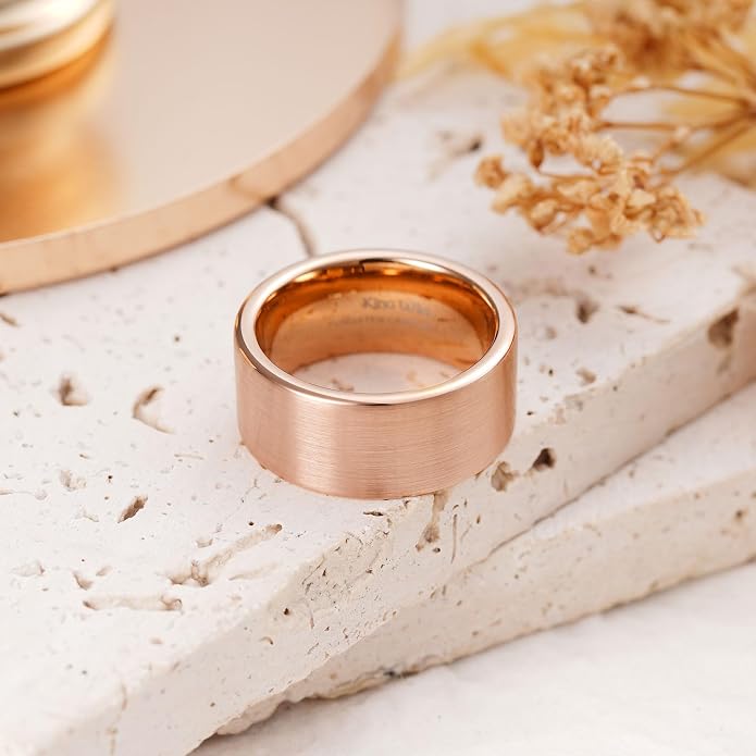 King Will Basic Gold/Rose Gold/Brown Plated Tungsten Wedding Band for Men/Women, 2mm/4mm/6mm/8mm/10mm/12mm Width Band Rings, Pipe Cut Matte Brushed Finish Cigar Band Ring Comfort Fit