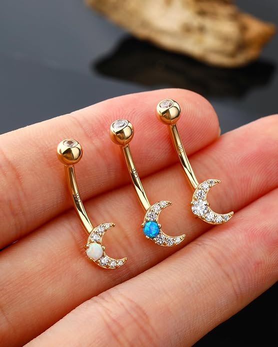 Jewseen 14K Gold Belly Button Rings Moon Belly Rings CZ Belly Button Piercing Opal Navel Rings Navel Piercing Jewelry for Women
