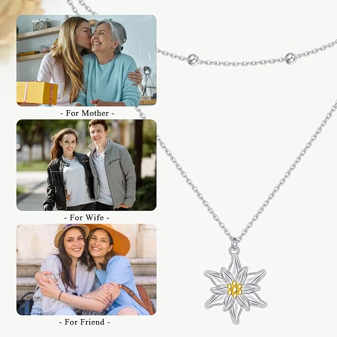 FLYOW Layered Choker Necklace S925 Sterling Silver Star Full Moon Daisy Flower Pendant Disc Jewelry Adjustable Clavicle Necklaces for Women Girls Birthday Gifts