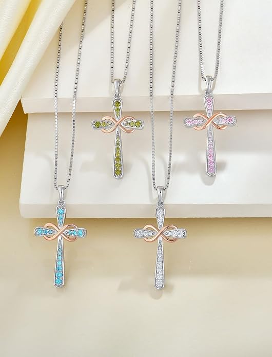 YL 925 Sterling Silver Cross Necklace for Women Halo Infinity Pendant Cubic Zirconia Jewelry for Mom