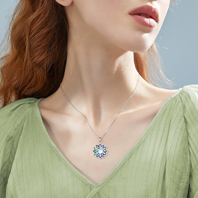 ONEFINITY Lotus Necklace 925 Sterling Silver Moonstone Pendant Necklace Yoga Lotus Jewelry for Women