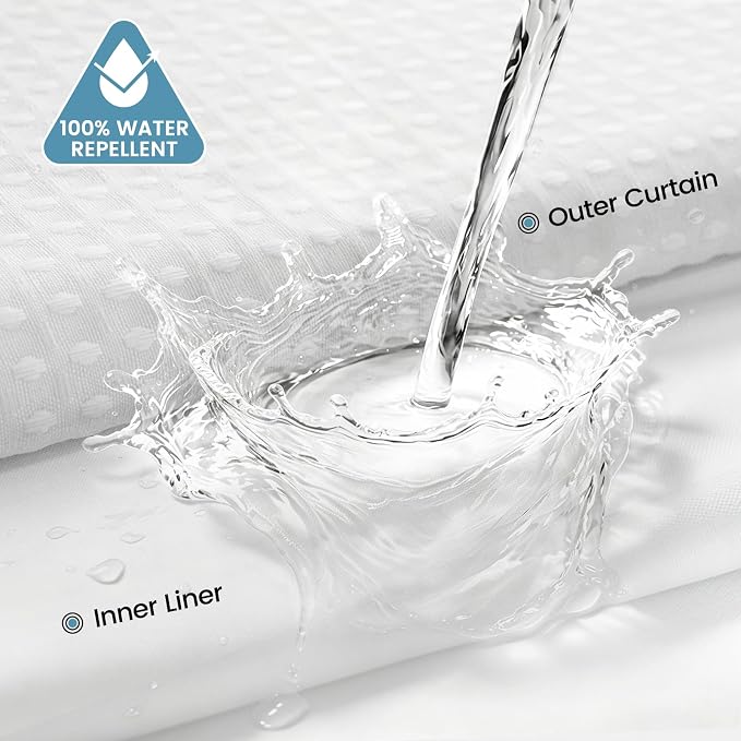 EUTXL Heavyweight Long No Hook Shower Curtain with Snap in Liner,256GSM Waffle Weave Shower Curtains for Bathroom,71W x 77H(75"),White