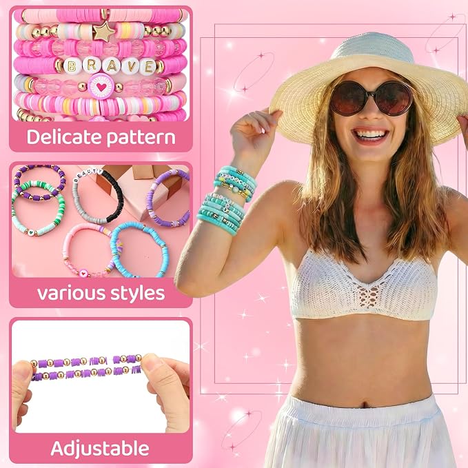 Landical 64 Pcs Preppy Jewelry Bracelets for Women Colorful Vinyl Bead Clay Party Favor Packs Bulk Beaded Bracelet Accessories Jewelry for Boho Summer Beach Goody Bag Fillers Party Supplies