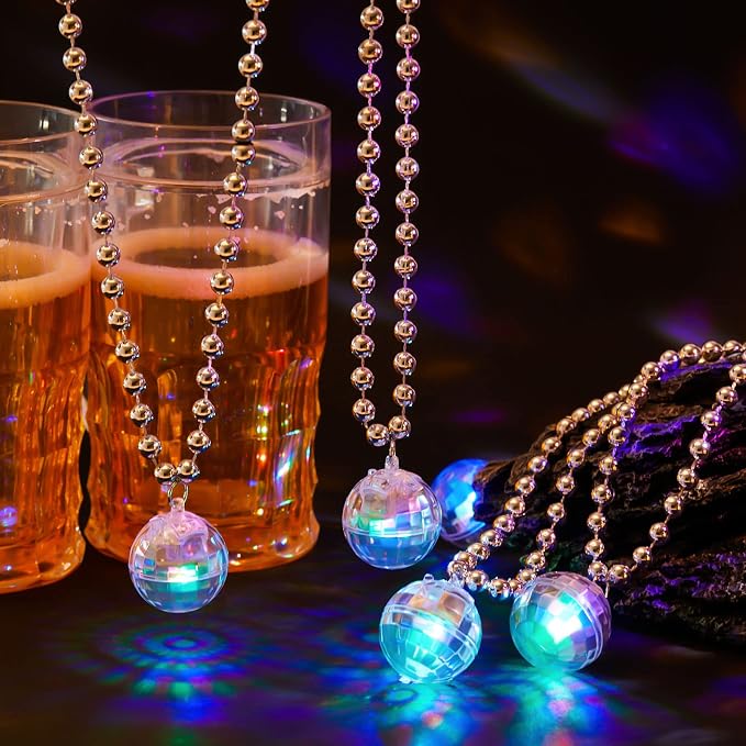 Sasylvia 12 Pcs LED Disco Ball Necklaces Light up Bead Necklaces 70s Disco Party Favors Glow in The Dark Bead Jewelry Costume Accessories for New Year Party Dance Supplies(Silver, Colorful)