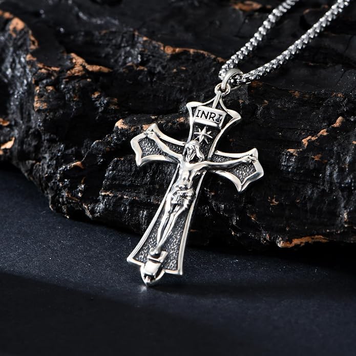 KXJ S925 Sterling Silver Black Cross/Best Dad/Baseball Bat/Silver Cross/Ankh Cross/Crucifix with 22+2 Inches Stainless Steel Rolo Chain Cross Necklace for Men Women Christian Religious Jewelry Gifts