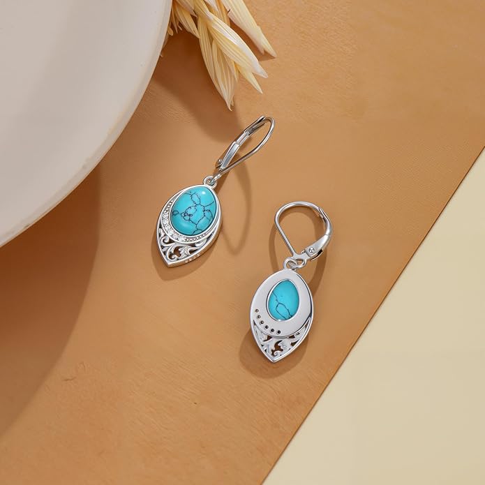 PROESS Filigree Teardrop Earrings S925 Sterling Silver Turquoise/Black Onyx/Peridot/Lapis Lazuli/Abalone Dangle Earrings Teardrop Jewelry for Women Mothers Day Birthday Christmas Gifts