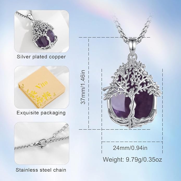 Vito Tree of Life Necklace for Women Men, Silver Plated Copper Teardrop Moonstone/Obsidian/Turquoise/Amethyst/Malachite Crystal Tree Necklace Protection Energy Amulet Jewelry Gift for Mom Wife, 20+2"