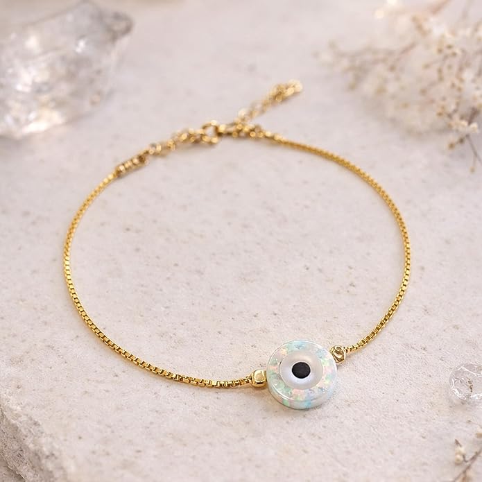 Minimalist Evil Eye Charm Bracelet – Handmade Delicate Good Luck Jewelry for Women – Adjustable 6.5” + 1” Extender