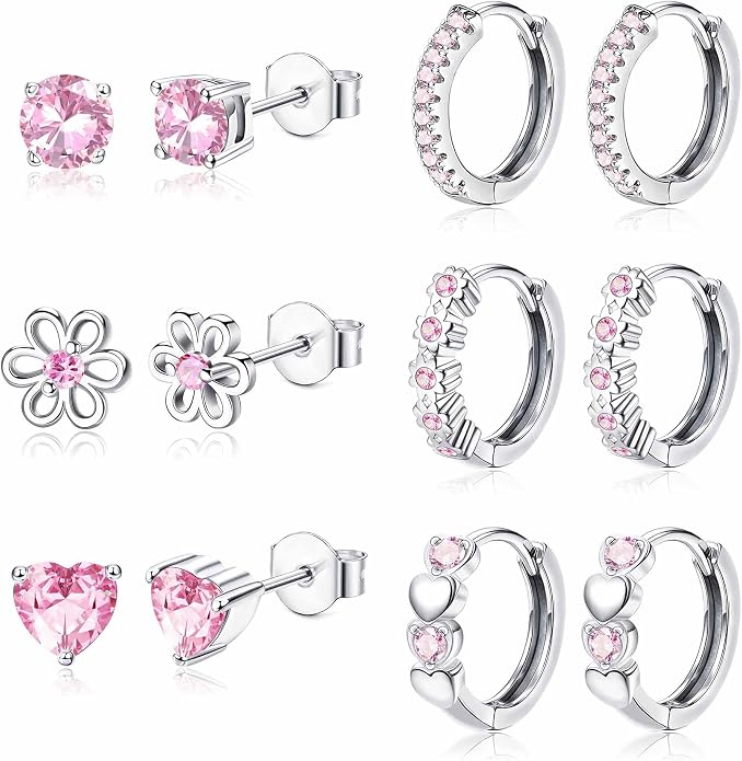 YADOCA 𝟵𝟮𝟱 𝗦𝘁𝗲𝗿𝗹𝗶𝗻𝗴 𝗦𝗶𝗹𝘃𝗲𝗿 Earrings for Girls Women - Hypoallergenic Cute Kids Toddler Earrings - Cubic Zirconia Earrings Studs Hoop Set for Sensitive Ears