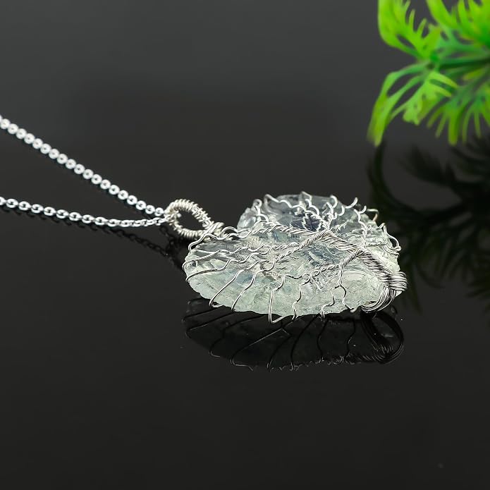 Silver Plated Wire Wrapped Pendant Necklace, Sea Glass Stones, Handmade Jewelry, Healing Crystals, Hammered Pendant, Birthday Gift for Women, Adjustable Chain 16+2inch