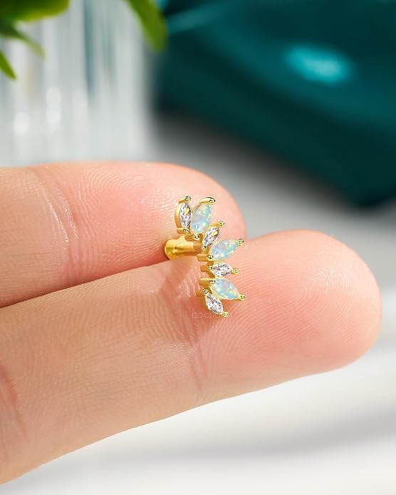 COCHARM 14K Gold Plated Cartilage Earrings Stud 925 Sterling Silver Opal Helix Earrings for Women Internally Thread Flat Back Earrings Heart