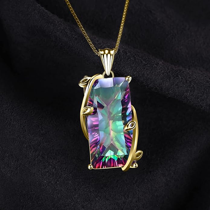 JewelryPalace Multicolor Luxurious 15.2ct Rectangle Genuine Mystic Quartz Pendant Necklaces for Women, 14K White Yellow Rose Plated Gold 925 Sterling Silver Natural Gemstones, 18 Inches Chain