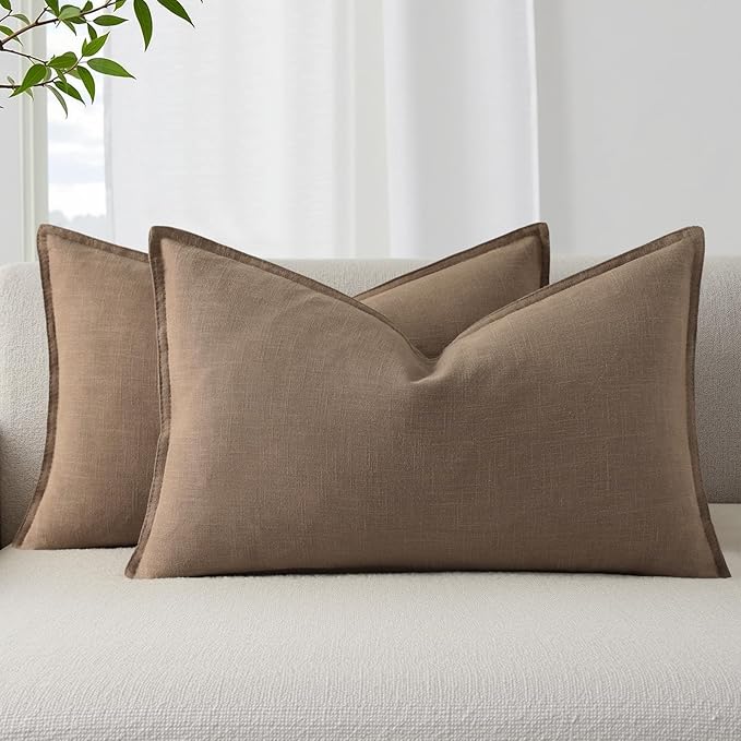 decorUhome Fall Light Brown Linen Throw Pillow Covers 12x20 Set of 2 | Decorative Soft Cozy Modern Farmhouse Boho Accent Pillow Cases with Flange Edges for Couch Bed Sofa Living Room Home Decor