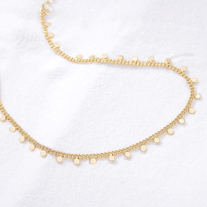 Dainty Gold Disc Chain Anklet for Women, 14K Gold Plated Sequin Foot Bracelet, 8.3"+2" Adjustable Delicate Flat Disc Link Ankle Bracelet, Minimalist Summer Beach Jewelry Gift for Her