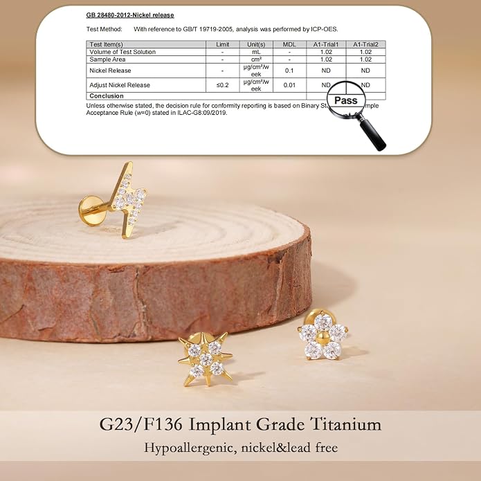limerencia Titanium Internally Threaded Flat Back Earrings, 3 Pcs Implant Grade Hypoallergenic Studs, 18G Tragus Helix Conch Cartilage Piercing Jewelry for Sensitive Ears Women Men, Gold/Silver