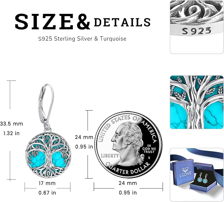 Tree of Life/Cat/Turtle/Butterfly/Flower/Celtic/Turquoise/Moonstone Dangle Earrings for Women Sterling Silver Cute Animals Drop Earrings Jewelry Gifts