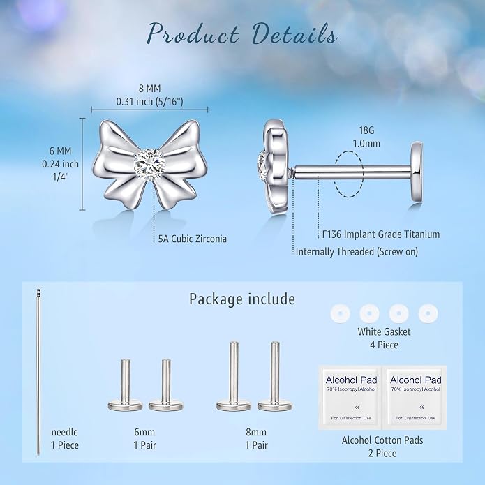 Limerencia 2Pcs 18g Titanium Internally Threaded Tragus Piercing Jewelry Nose Studs Flat Back Earrings Labret, Lip, Helix, Cartilage, Conch, Medusa Piercing for Women Men Sensitive Ears