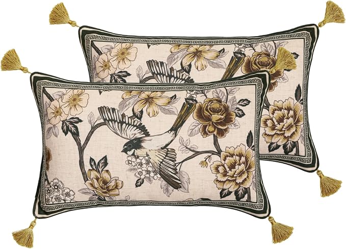 ISAENNE Vintage Linen Rectangle Throw Pillow Cover,Set of 2,20"x12"-Murad A | Designer French Decor Pillow Cover,Concealed Zipper Design,Floral and Bird Pattern,Sofa,Bedroom,Living Room,Lounge Chairs