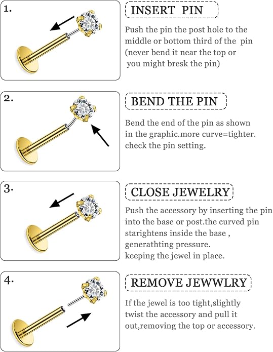 14K Gold Filled 20G 18G 16G Threadless Flat Back Earrings Studs Surgical Stainless Steel Opal CZ Push In Nose Rings Studs Tragus Helix Conch Cartilage Earrings Piercing Jewelry For Women Men