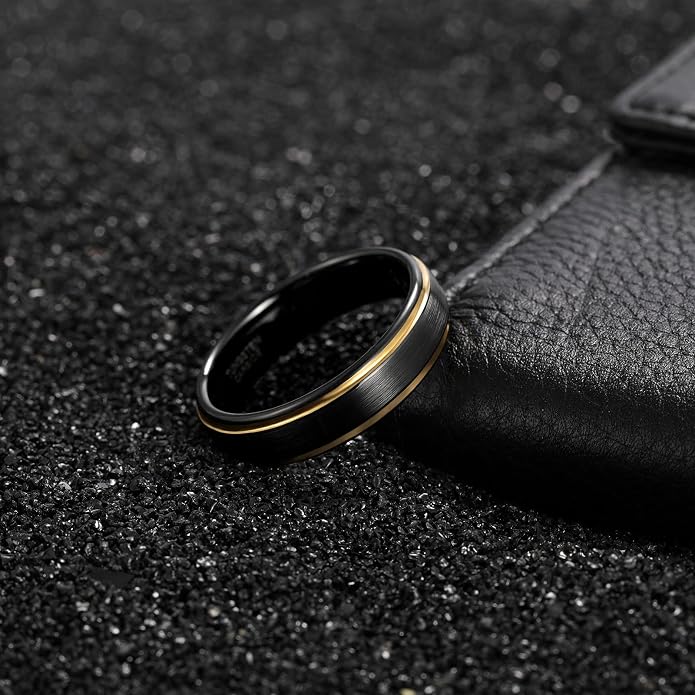 TRUMIUM 6mm 8mm Tungsten Rings for Men Women Black Wedding Band 24K Gold Plated/Rose Gold Plated Step Edges Comfort Fit Size 6-13