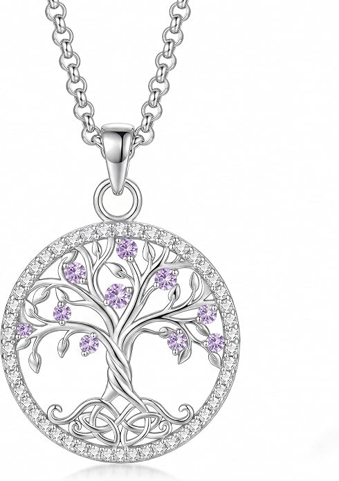ONEFINITY Tree of Life Necklace 18k White Gold Plated Tree of Life Birthstone Pendant Necklace Birthstone Jewelry Anniversary Birthday Gifts for Women Men