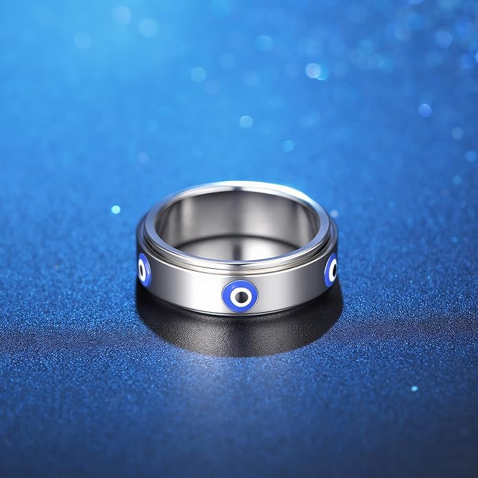 Evil Eye Fidget Ring for Women Men 18K Gold Plated, Anxiety Relief Spinner Ring Luck Charm Jewelry Gift, Size 6-10
