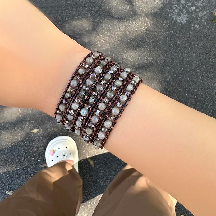 KELITCH Pearl Crystal Beads Bracelets Handmade Natural Leather 5 Wrap Bracelet for Women Classic Bangle Jewelry