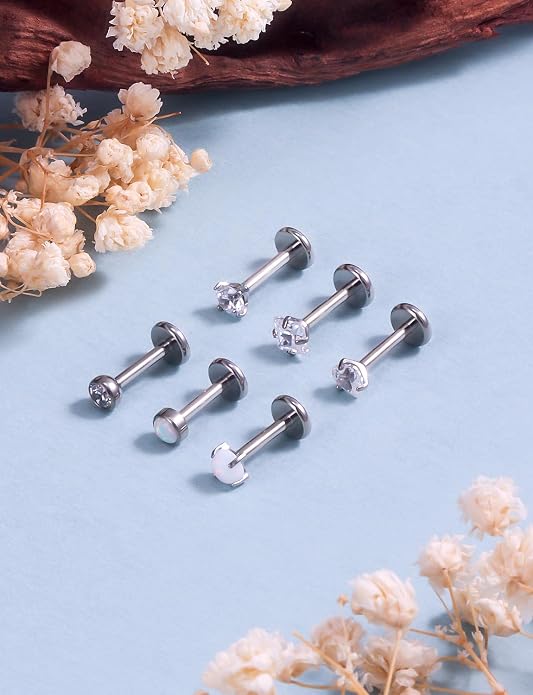 F136 Titanium Flat Back Screw on Nose Rings Earrings 20g 18g Stud for Men Women Cartilage Tragus Lip Labret Piercing Jewelry 6mm 8mm Hypoallergenic Internally Threaded
