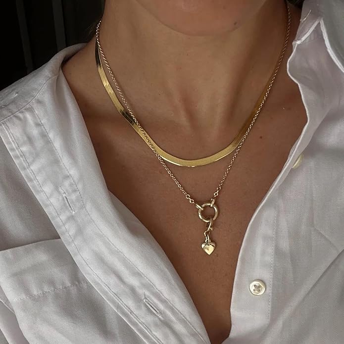 WomenGifts 14K Gold Silver Plated Herringbone Necklace for Women, Dainty Snake Chain Choker, Trendy Simple Long Layered Jewelry Non Tarnish, 3/4/5/8mm,14,16,18,20,22,24,26 Inch Thin & Chunky Options