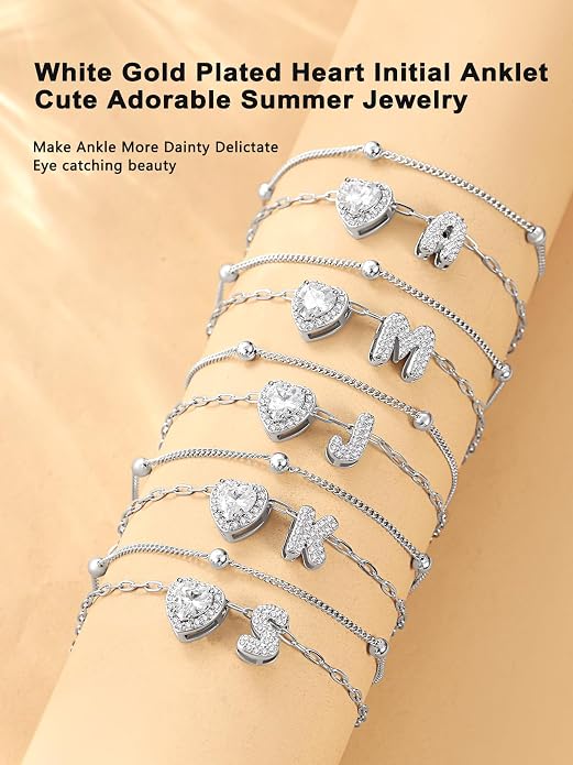 Bestyle Initial Anklet Bracelets for Women Waterproof Non Tarnish 14K Gold/White Gold Plated CZ Anklets for Women Dainty Layered Letter Heart Ankle Bracelets Adjustable Foot Chain Anklet