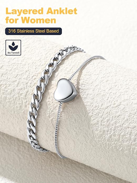 U7 2Pcs/3Pcs Ankle Bracelets for Women, Stainless Steel Cuban Link/Figaro/Rope/Heart Chain Anklets Sets,Waterproof Layered Anklets Adjustable 8.5"-10.5"