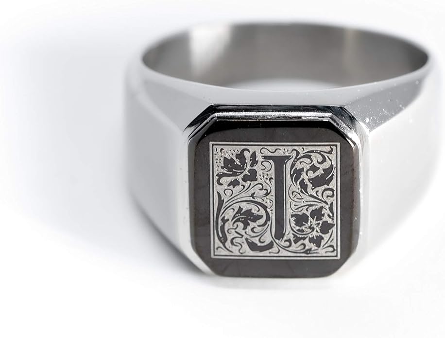 Jewelry | Stainless Steel Letter Alphabet Initial Ring | Square Flat Top Ring for Men & Women | Stainless Steel Jewelry, (Black, Gold, Silver), Size 7-16