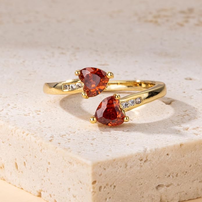 Yaresul 1CT Adjustable Women Heart Ring 14K Gold Plated Birthstone Rings for Women Promise Ring for her Simulated Gemstone Statement Stackable Band Width 2mm Open Size 5~9