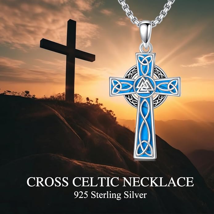 HPQQ Cross Necklace 925 Sterling Silver Turquoise Tree of Life Celtic Knot Cross Pendant Jewelry Mother's Day Gifts for Women