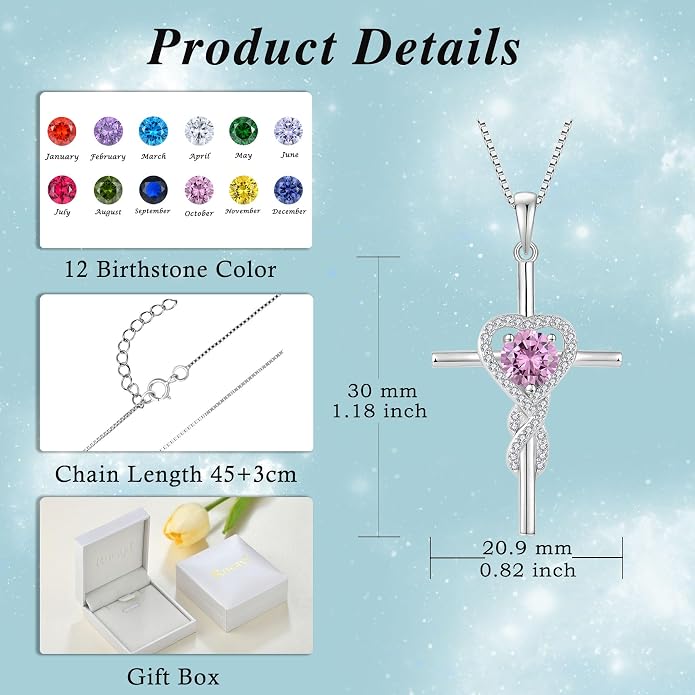Cross Necklace for Women 925 Sterling Silver Infinity Birthstone Pendant Necklace Religious Christian Jewelry Gifts Wife Mom Her
