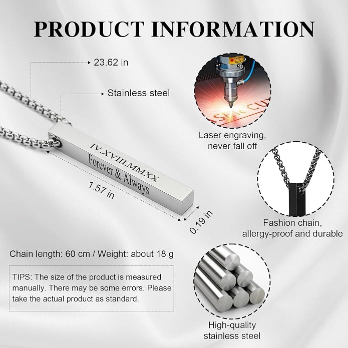 Fathers Day Custom Gifts Personalized 3D Bar Vertical Pendant Necklace - Custom 4 Sided Text Necklace Engraved Cuboid Stick Necklace