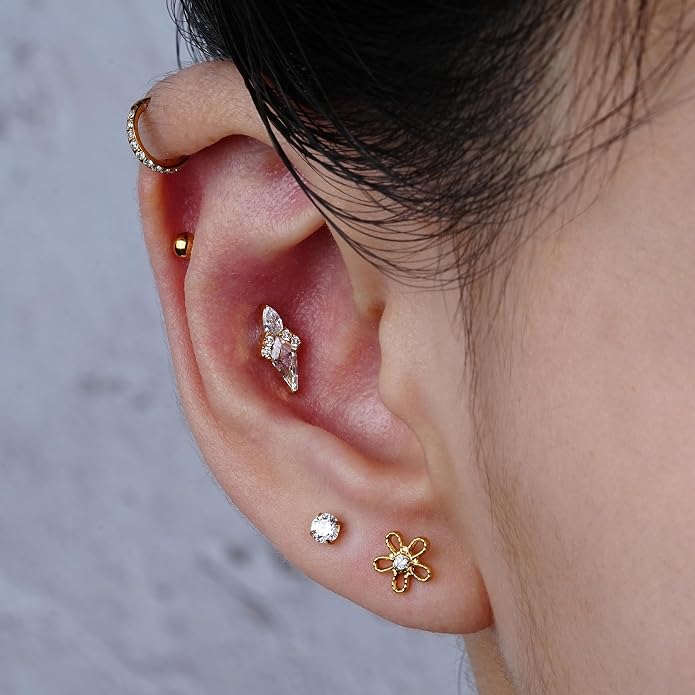 FINE4U ASTM F136 Titanium 16G 6mm 8mm Piercing Jewelry Stud for Conch Helix Flat Lobe - FlatBack Cartilage Earring Stud, Hypoallergenic Implant Grade Nickel Free Body Jewelry