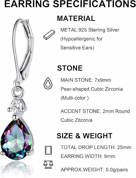925 Sterling Silver Blue Topaz/Amethyst/Rainbow Quartz CZ Teardrop Leverback Earrings Drop Dangly Gemstone Earings Hypoallergenic Birthday Jewelry Gifts for Women