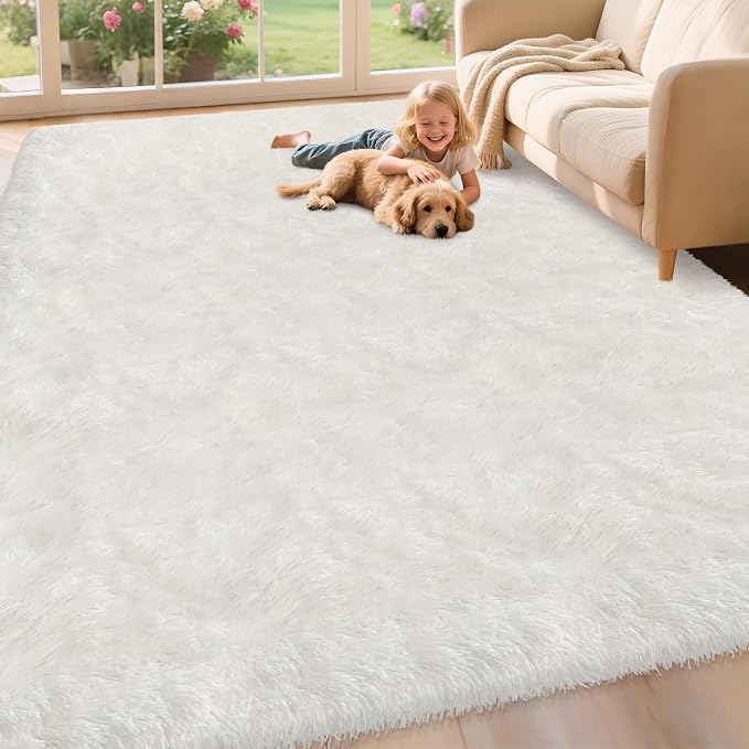8x10 Area Rug for Living Room, Soft White Fluffy Rug for Bedroom Large Shaggy Carpet Fuzzy Modern Floor Decor Aesthetic, Nursery Playroom Plush Non-Slip Thick Rugs for Kids Girls Boys