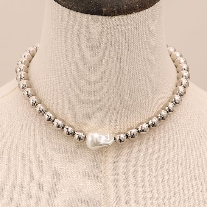 Natural Freshwater Baroque Pearl Necklace 14K Gold Plated Dainty Choker Necklace for Women Girls Snake Chain/Cuban Link/Paperclip/Ball Beaded Chain/Tennis Chain Fashion Jewelry for Gift