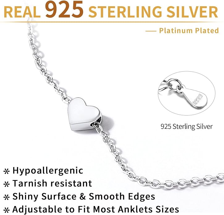 ChicSilver Personalized 925 Sterling Silver Tiny Heart/Moon/Star/Sun/Dot/Triangle Anklets Simple Dainty Foot Jewelry for Women, Silver/Gold Plated/Rose Gold Plated