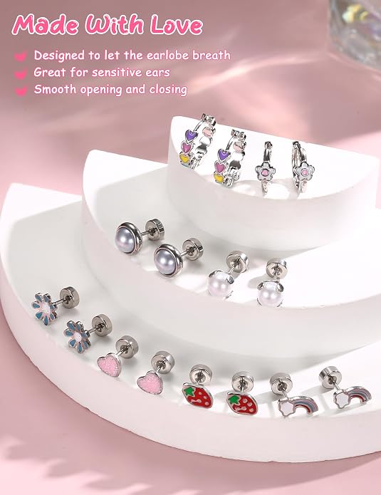 Florideco Hypoallergenic Earrings for Women 316 Surgical Steel Earrings for Sensitive Ears Cute Small Daisy Hoop Earring Heart Flower Strawberry Rainbow Flat Back Earring Sets
