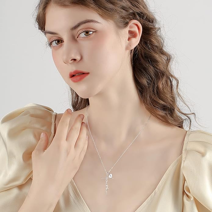 PRAYMOS Faith Cross Necklace for Women 925 Sterling Silver Pendant Necklace With Birthstone Initial Christian Religious Confirmation Baptism Mothers Day Gifts