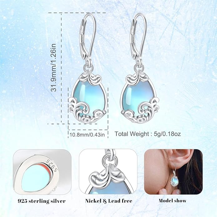 Vito 925 Sterling Silver Teardrop Earrings for Women, Moonstone Turquoise Drop Dangle Earrings Cat Snake Turtle Tree of Life Leverback Earrings Boho Jewelry Gift for Mom Wife