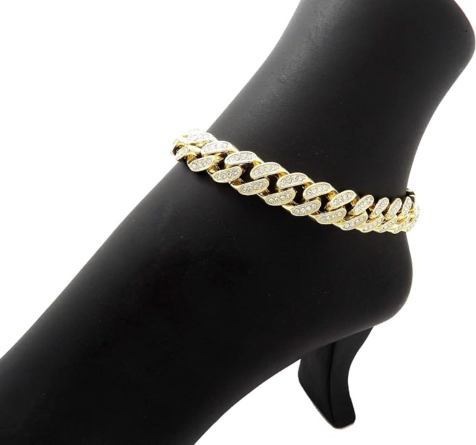 Fashion 21 Women's Stone Filled 10mm, 12mm Various Length Box Lock Cuban Chain Anklet