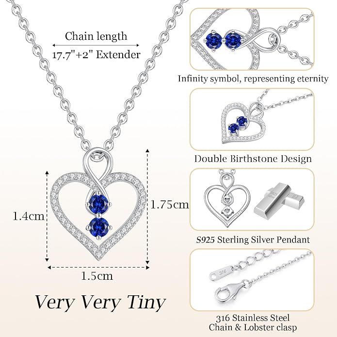 LOUISA SECRET Double Birthstone Necklaces for Women, 925 Sterling Silver Infinity Love Heart Pendant Necklace for Her, Birthday Anniversary Valentine's Day, Christmas, Wedding, Graduation Gift for Her, Personalized Gifts, Jewelry Gifts for Wife Mom Gir...