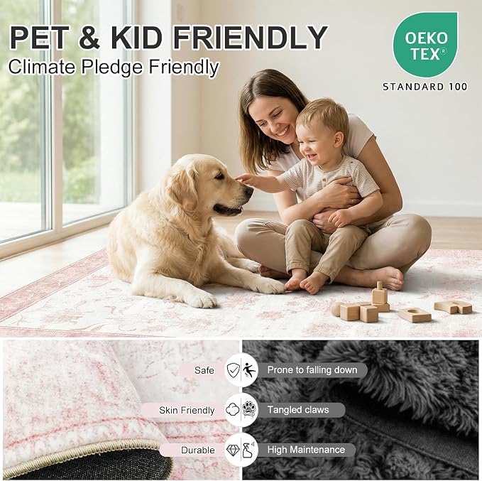 3'x5' Vintage Floral Nursery Rug - Ultra Soft Washable Area Rug for Baby Girl Room, 0.26" Low Pile Faux Wool Carpet for Bedroom Bedside - Non-Slip Silicone Backing, Pink & White